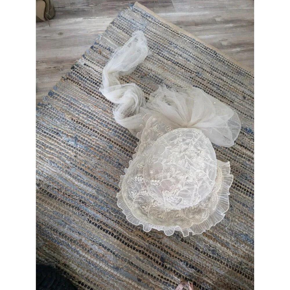 Vtg White Wedding Derby Hat Lace Beaded Veil Flower Applique Coquette Royalcore